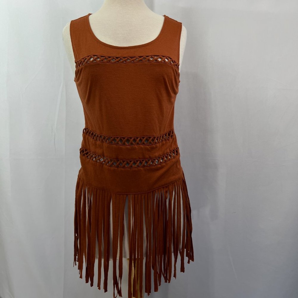 Rock & Republic Fringed Rust Shirt Sz M Cut Out Peek-a-Boo